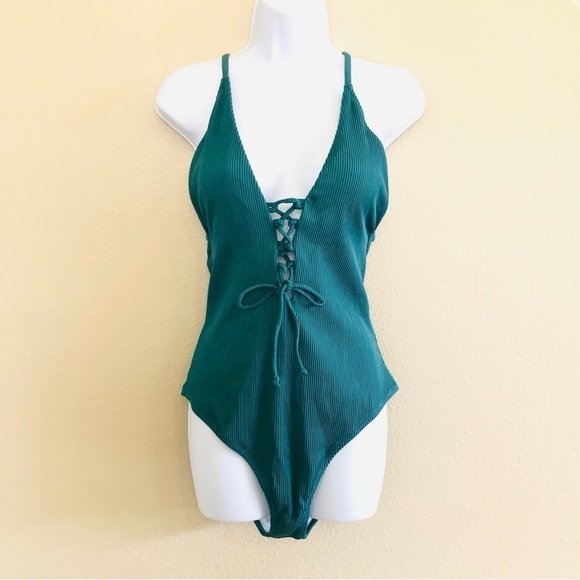 Cupshe Women's Green Plunge V Neck Lace-Up Ribbed One Piece Swimsuit Size L - Picture 2 of 9